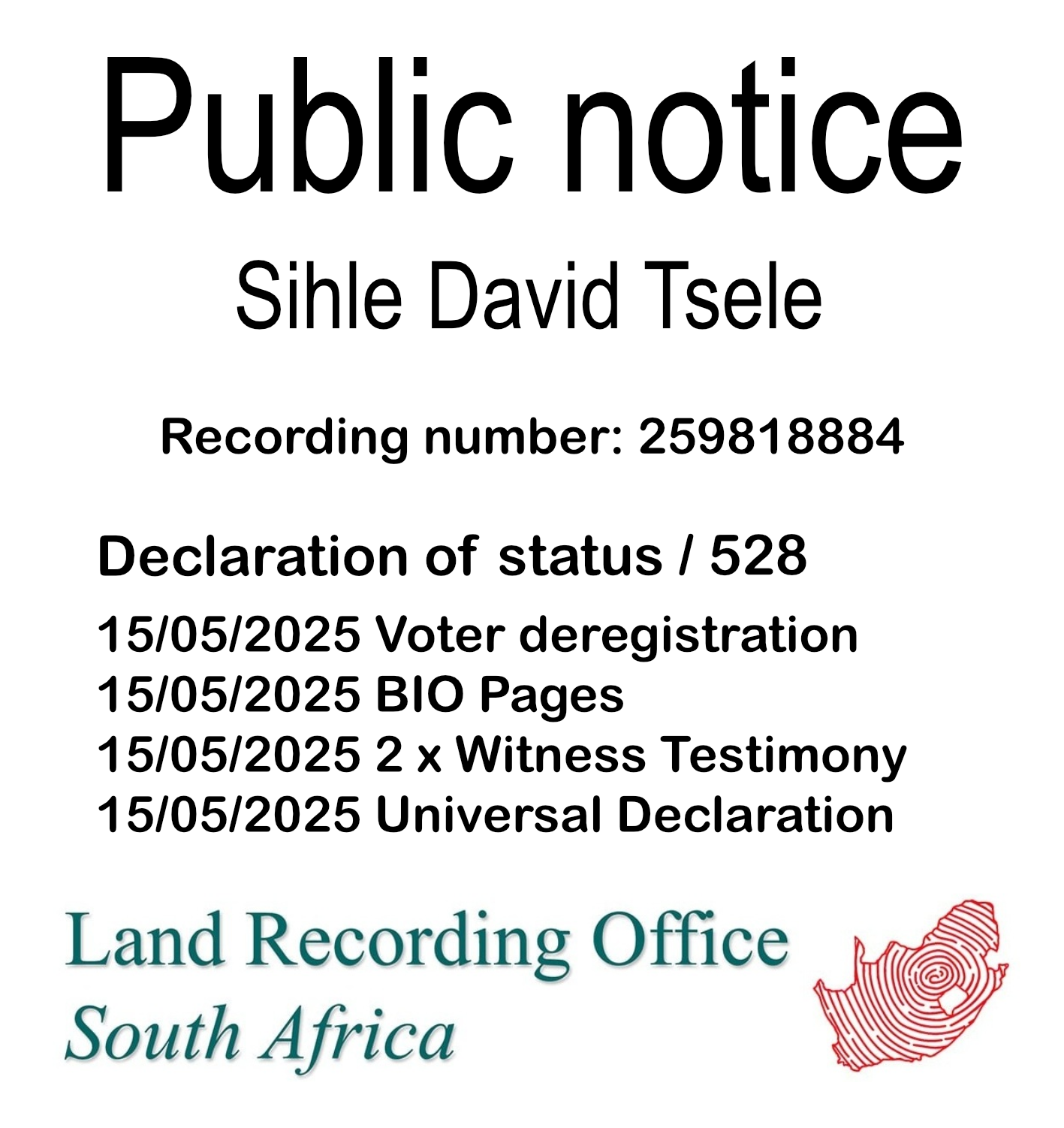 Public Notice Sihle David Tsele (c) Recording number 259818884